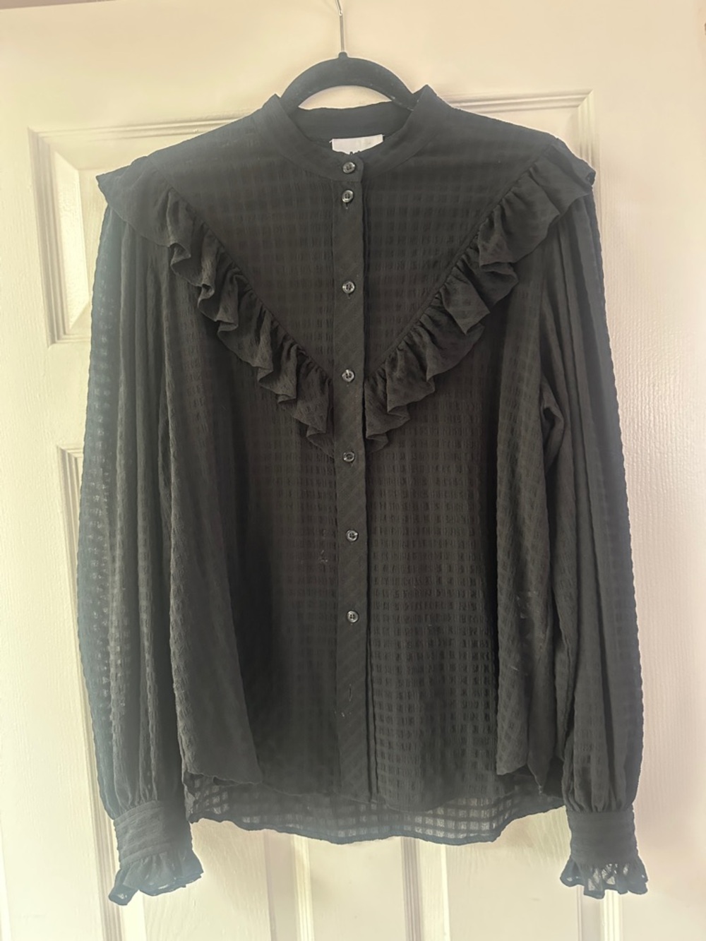 Ganni Black Textured Ruffle-Front Button Blouse